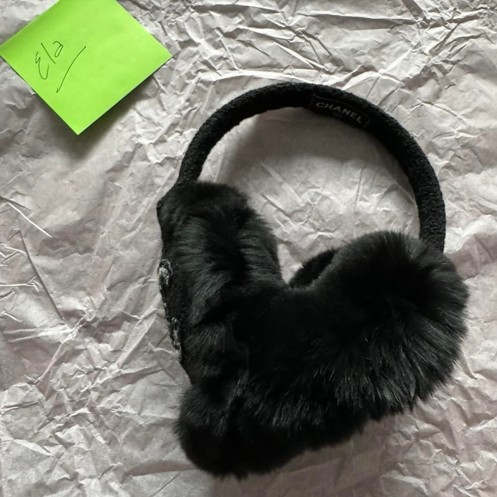 CHANEL Black Fur Trim Leather Earmuffs